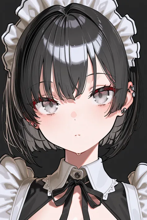 kmj-anonstyle, [artist:yoneyama mai], [artist:kanzarin], [artist: ekrea_jan], masterpiece,best quality,amazing quality, 748cmstyle, solo, eye focus, black hair, grey eyes, piercings, maid outfit, short hair, beautiful face, looking at viewer, elegant, deta...