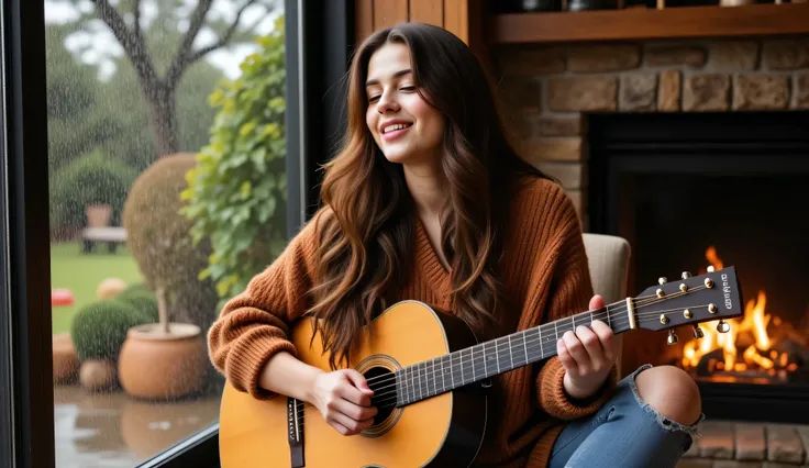 A young woman with long, wavy brown hair sits comfortably in a warm, inviting room, playing an acoustic guitar while singing with deep emotion. She wears a cozy, oversized knit sweater in an earthy tone, embodying a relaxed yet artistic style. Her eyes are...