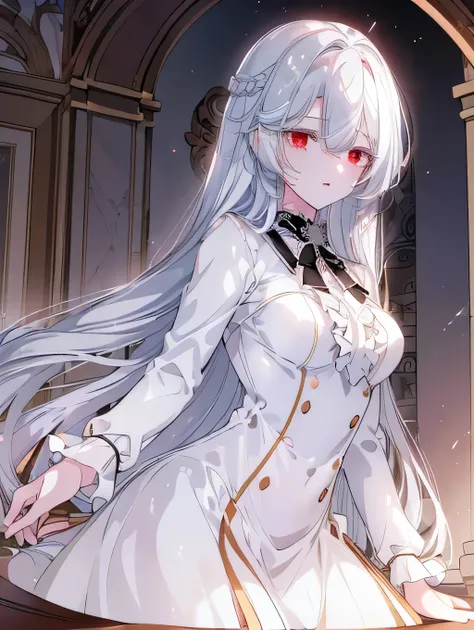 raviel ivansia ,  1girl, PRINCESSE, Academy uniform, frange, fond gris, hair between eyes,  small breasts,  long hair, regarde le spectateur, Parted lips, yeux rouges, Seul, white hair, (Glossy Skin), (masterpiece:1.4), (better quality:1.4),mature woman,fa...