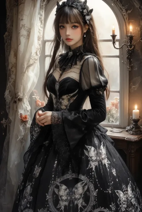 dream catcher dark mystic fantasy themed young woman, long dark hair, wearing dark lolita dress with red inticated detailed standing in bedroom near the window with candle light. the image should be hyper realistic, best quality, highly detailed, HDR, cine...