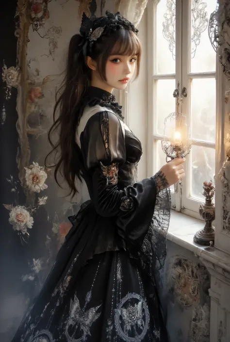 dream catcher dark mystic fantasy themed young woman, long dark hair, wearing dark lolita dress with red inticated detailed standing in bedroom near the window with candle light. the image should be hyper realistic, best quality, highly detailed, HDR, cine...