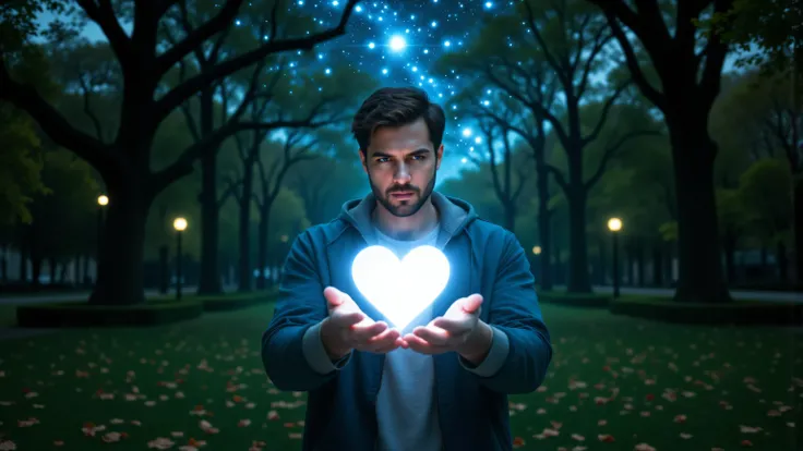 High quality, realistic photo. 4k image. A man is standing and holding a heart in his hand. The environment is a park, the sky is shining, stars. A man is holding a heart in his hands