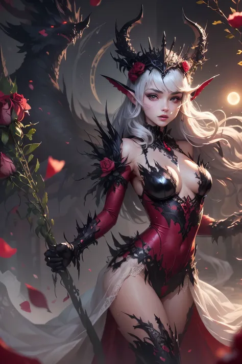 (Ultra-detailed face, Looking Away, Gothic Illustration, Dark Tone Colors.) , BREAK
(The reddish moon makes the roses glow with a deep crimson color. The park is modeled after an old-fashioned garden in the Romanesque architectural style of medieval Europ...