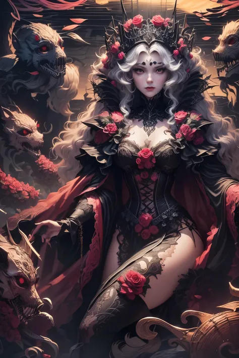 (Ultra-detailed face, Looking Away, Gothic Illustration, Dark Tone Colors.) , BREAK
(The reddish moon makes the roses glow with a deep crimson color. The park is modeled after an old-fashioned garden in the Romanesque architectural style of medieval Europ...