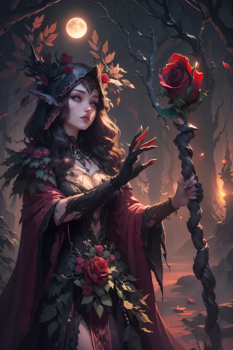 (Ultra-detailed face, Looking Away, Gothic Illustration, Dark Tone Colors.) , BREAK
(The reddish moon makes the roses glow with a deep crimson color. The park is modeled after an old-fashioned garden in the Romanesque architectural style of medieval Europ...