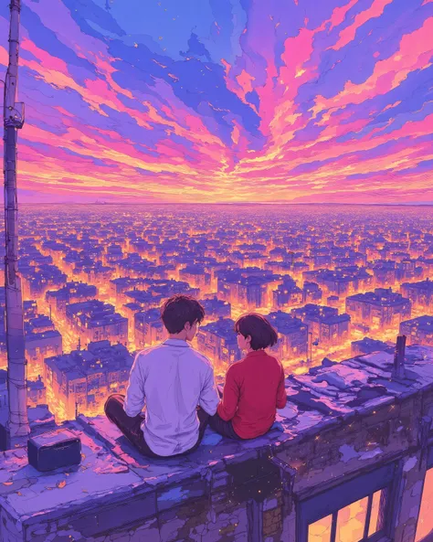 A breathtaking anime-style cityscape at sunset, inspired by Makoto Shinkai's art. The sky is painted in vibrant hues of pink, purple, and orange, with scattered clouds reflecting the warm glow of the setting sun. In the foreground, two friends sit on the e...