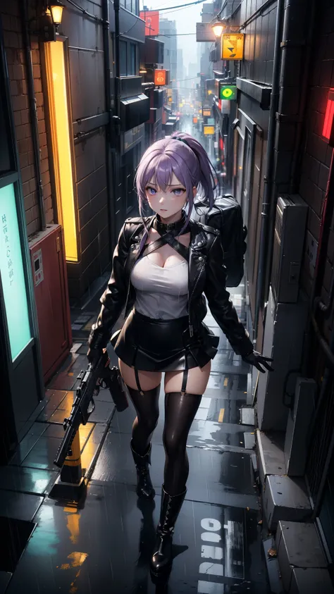 (Masterpiece, best quality, Detailed), a chic, Alone,  of foot, ((seen from above)), (Holds a gun with his hand), ojos Detaileds, purple eyes shirt, Lavender hair short ponytail, Love, Medium breasts, ((harness on the torso)), ((gun case on the thigh)), ((...