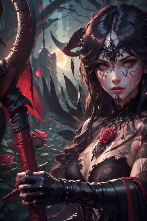 (Ultra-detailed face, Looking Away, Gothic Illustration, Dark Tone Colors.) , BREAK
(The reddish moon makes the roses glow with a deep crimson color. The park is modeled after an old-fashioned garden in the Romanesque architectural style of medieval Europ...