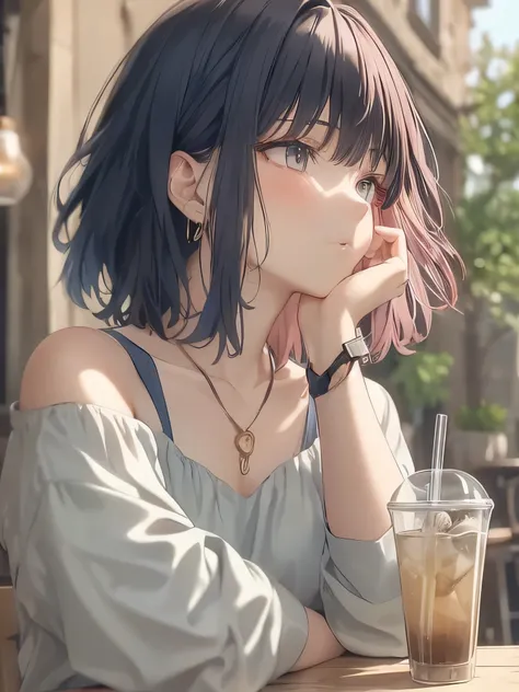 Anne Nuit、Dissatisfied face、profile、pretty girl with her elbow to support her cheeks and sharpen her mouth。Iced Tea、play with a straw。Slightly short hair、High quality 32K 、 masterpiece wallpaper 、anime illustration、fantastic、 semi-real 、K-pop fashion、styl...