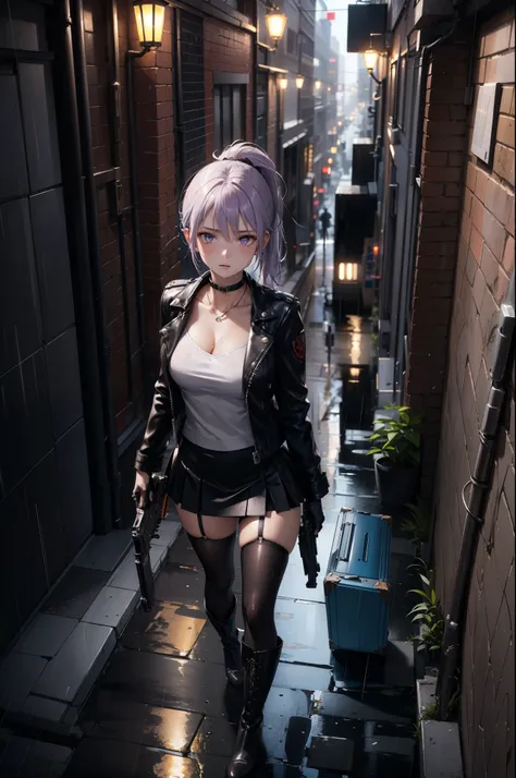 (Masterpiece, best quality, Detailed), a chic, Alone,  of foot, ((seen from above)), (Holds a gun with his hand), ojos Detaileds, purple eyes shirt, Lavender hair short ponytail, Love, Medium breasts, ((harness on the torso)), ((gun case on the thigh)), ((...
