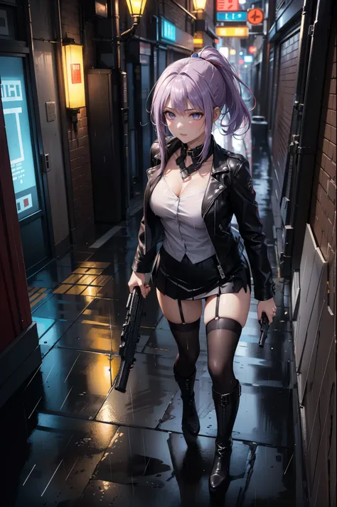 (Masterpiece, best quality, Detailed), a chic, Alone,  of foot, ((seen from above)), (Holds a gun with his hand), ojos Detaileds, purple eyes shirt, Lavender hair short ponytail, Love, Medium breasts, ((harness on the torso)), ((gun case on the thigh)), ((...