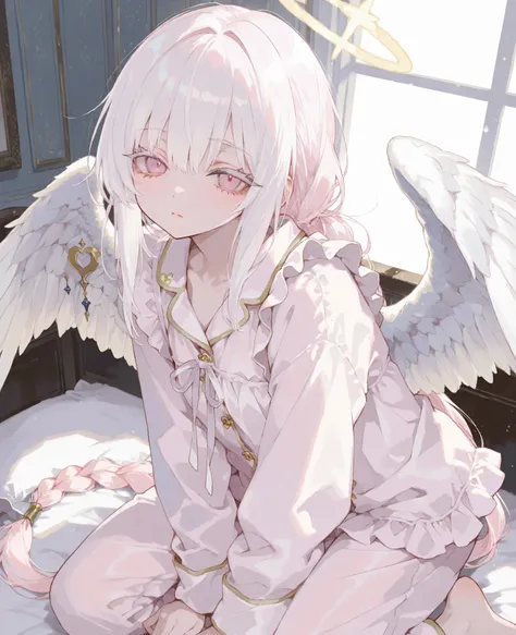 best quality,  masterpiece, 748cmstyle, 1 Girl, Light pink eyes, White hair,  Very long low double ponytail，twist braid，Light pink eyes， white eyelash ，in white pajamas，There are angel wings，little maid