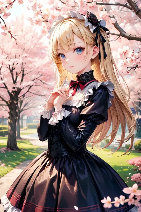 masterpiece,Best Quality,very detailed,photorealistic,realistic, Ultra High Resolution, Masterpiece,pretty girl,elegant,Age 15,long blonde,skinny,perfect eyes,slender,so cute, Gothic Lolita Dress , frill,cherry blossoms in full bloom,Cherry blossom trees,C...
