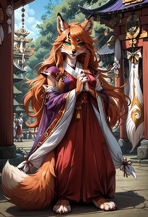 ((Silvery grey iris,Furry kitsune,vixen,paws whiskers,realistic face,colorful makeup,shrine maiden,full body shot,blooming sakura grounds:1,4))