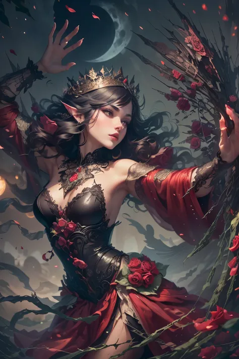 (Ultra-detailed face, Looking Away, Gothic Illustration, Dark Tone Colors.) , BREAK
(The reddish moon makes the roses glow with a deep crimson color. The park is modeled after an old-fashioned garden in the Romanesque architectural style of medieval Europ...
