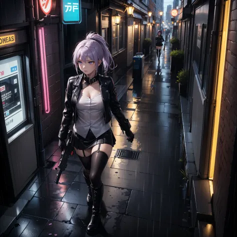 (Masterpiece, best quality, Detailed), a chic, Alone,  of foot, ((seen from above)), (Holds a gun with his hand), ojos Detaileds, purple eyes shirt, Lavender hair short ponytail, Love, Medium breasts, ((harness on the torso)), ((gun case on the thigh)), ((...