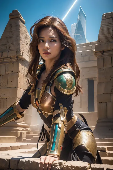 ((Best Quality、8k、masterpiece:1.3))、realistic, sharp concentration, high resolution, high resolution, portraits, 1 person, female, beautiful female, (((action pose)))、ancient Egypt、 Cyber Battle Suits、Complex technology, pyramid、ancient Egypt都市、 light an...