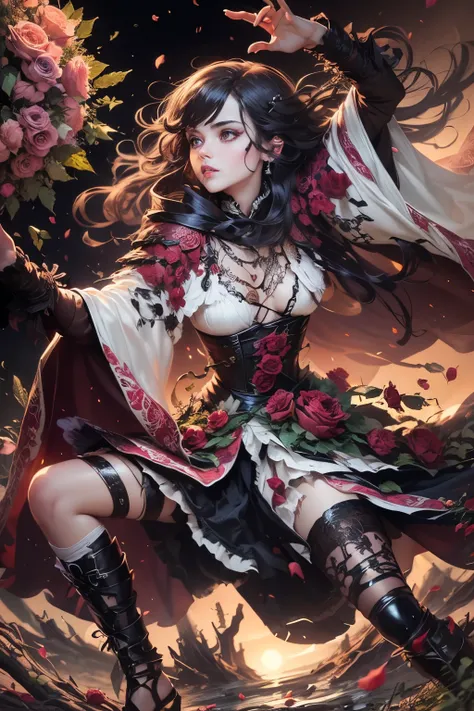 (Ultra-detailed face, Looking Away, Gothic Illustration, Dark Tone Colors.) , BREAK
(The reddish moon makes the roses glow with a deep crimson color. The park is modeled after an old-fashioned garden in the Romanesque architectural style of medieval Europ...