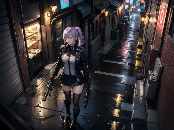 (Masterpiece, best quality, Detailed), a chic, Alone,  of foot, ((seen from above)), (Holds a gun with his hand), ojos Detaileds, purple eyes shirt, Lavender hair short ponytail, Love, Medium breasts, sensual lips, ((harness on the torso)), ((gun case on t...