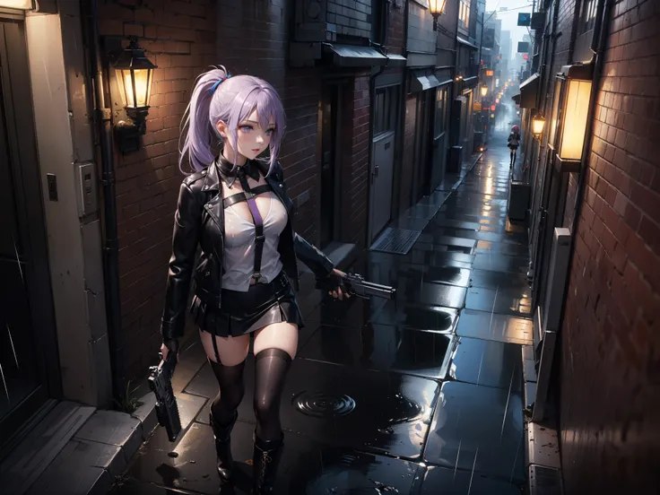 (Masterpiece, best quality, Detailed), a chic, Alone,  of foot, ((seen from above)), (Holds a gun with his hand), ojos Detaileds, purple eyes shirt, Lavender hair short ponytail, Love, Medium breasts, sensual lips, ((harness on the torso)), ((gun case on t...
