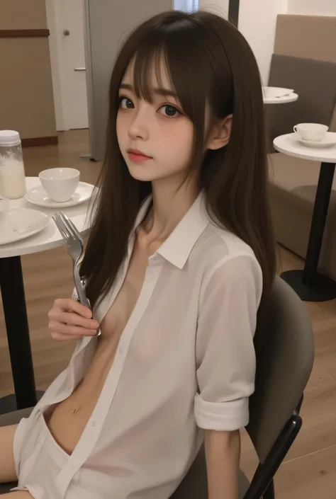 high image quality、 from front 、One skinny girl、 masterpiece、I'm wearing a shirt that opens in the front、 Thin body with only bones and skin、  栄養失調は衰weakにつながる  、weak々Sitting down、fork、very long hair、 black hair、 very white skin 、  arms are too thin  、Legs ...