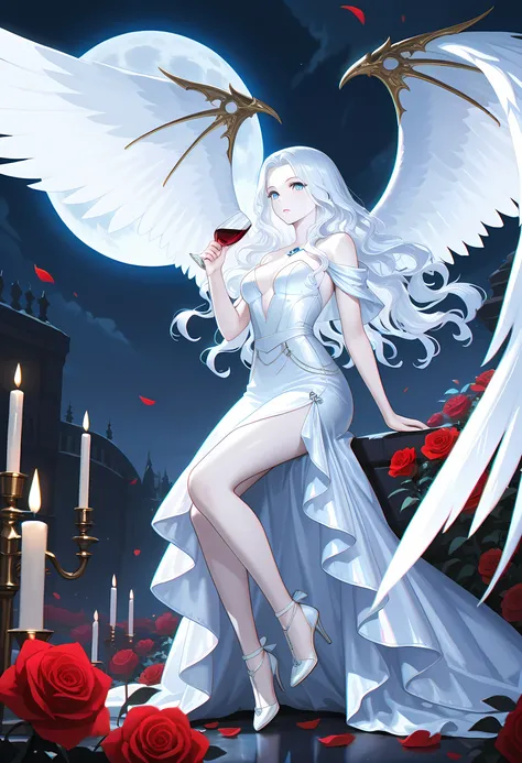 Dark fantasy art, fantasy art, goth art, a picture of a woman angel,  drinking wine, pale white skin, white hair, Ultra detailed face, Best Detailed face, spread wings, long hair, wavy hair radiant eyes, blue eyes, she wears a white leather dress, delicate...