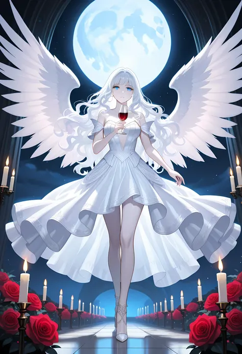 Dark fantasy art, fantasy art, goth art, a picture of a woman angel, drinking wine, pale white skin, white hair, Ultra detailed face, Best Detailed face, spread wings, long hair, wavy hair radiant eyes, blue eyes, she wears a white leather dress, delicate...