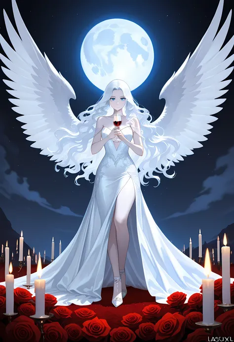 Dark fantasy art, fantasy art, goth art, a picture of a woman angel, drinking wine, pale white skin, white hair, Ultra detailed face, Best Detailed face, spread wings, long hair, wavy hair radiant eyes, blue eyes, she wears a white leather dress, delicate...