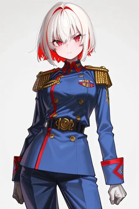 kmj-anonstyle, [artist:yoneyama mai], [artist:kanzarin], [artist: ekrea_jan], masterpiece,best quality,amazing quality, 748cmstyle, solo, eye focus, short hair, white hair with red streaks, cool expression, medium breasts, military uniform, red eyes, stand...