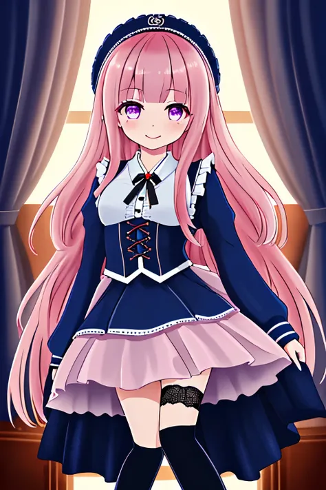( one girl on her back ), cute young girl, ( fearless smile ), Pink Gold Hair , purple eyes, (long hair), Liner Double, Navy blue clothes, gothic, Lolita Dress , Red Rose , navy blue mini skirt, white underskirt , White Knee Hig...