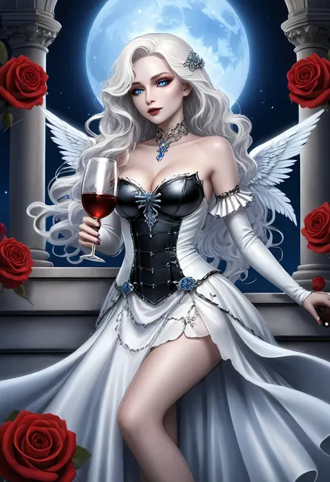 Dark fantasy art, fantasy art, goth art, a picture of a woman angel, drinking wine, pale white skin, white hair, Ultra detailed face, Best Detailed face, spread wings, long hair, wavy hair radiant eyes, blue eyes, she wears a white leather dress, delicate...