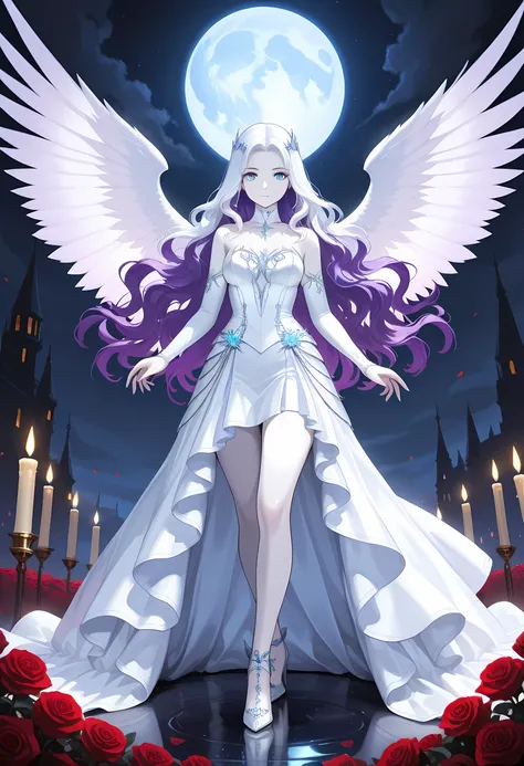 Dark fantasy art, fantasy art, goth art, a picture of a woman angel, drinking wine, pale white skin, white hair, Ultra detailed face, Best Detailed face, spread wings, long hair, wavy hair, purple hair, radiant eyes, blue eyes, she wears a white leather d...