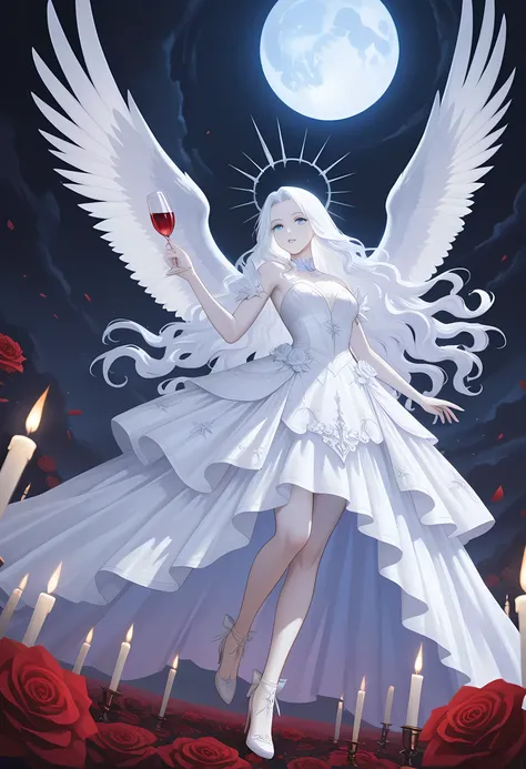Dark fantasy art, fantasy art, goth art, a picture of a woman angel,  drinking wine, pale white skin, white hair, Ultra detailed face, Best Detailed face, spread wings, long hair, wavy hair radiant eyes, blue eyes, she wears a white leather dress, delicate...