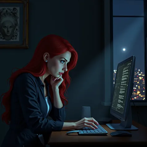 red-haired blue eyes woman looking at a table PC ,  with a worried face seen from the side ,  in a dark room with a view of a city at night,  