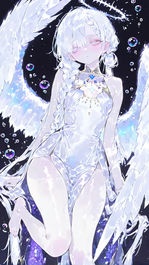 ( masterpiece, best quality:1.3), amazing quality, is very beautiful, abstruse, high resolution, newest, HDR, 8,000, movie lighting, realistic, close up, 1 Girl, Pinkish white halo, angel wings, feather, Gojo Satoru, Curse Return, white eyelash , Light p...