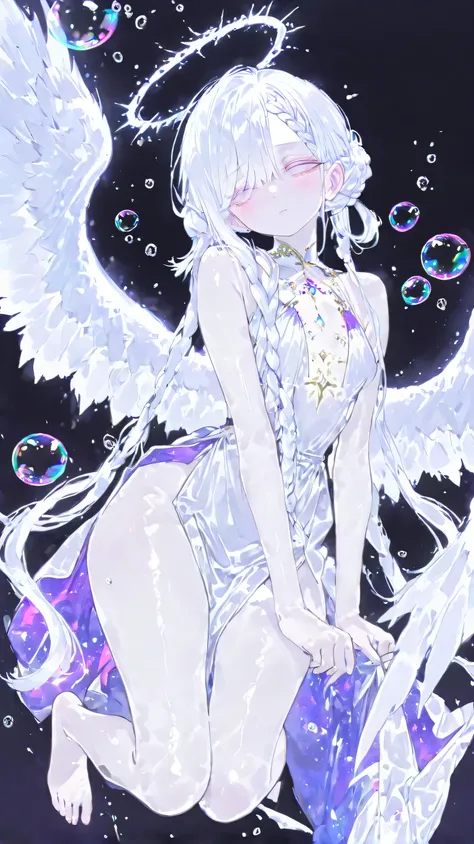 ( masterpiece, best quality:1.3), amazing quality, is very beautiful, abstruse, high resolution, newest, HDR, 8,000, movie lighting, realistic, close up, 1 Girl, Pinkish white halo, angel wings, feather, Gojo Satoru, Curse Return, white eyelash , Light p...