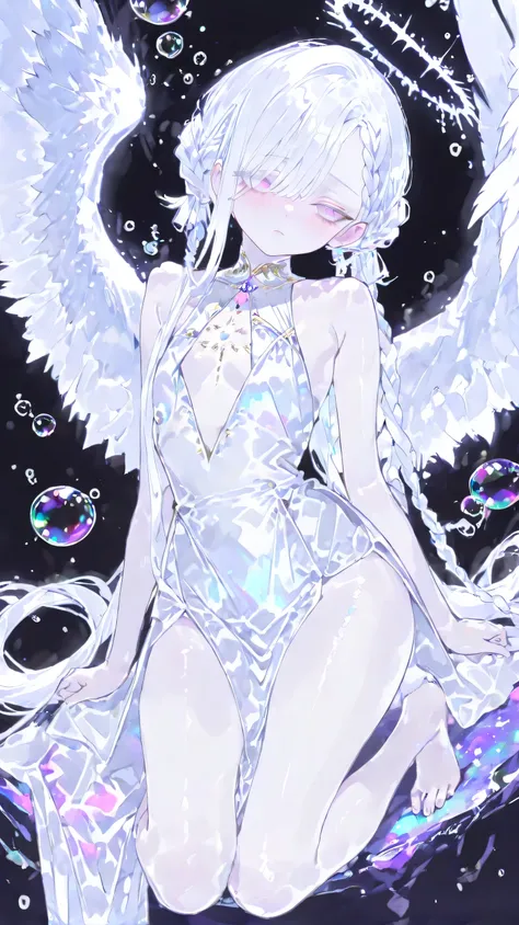 ( masterpiece, best quality:1.3), amazing quality, is very beautiful, abstruse, high resolution, newest, HDR, 8,000, movie lighting, realistic, close up, 1 Girl, Pinkish white halo, angel wings, feather, Gojo Satoru, Curse Return, white eyelash , Light p...