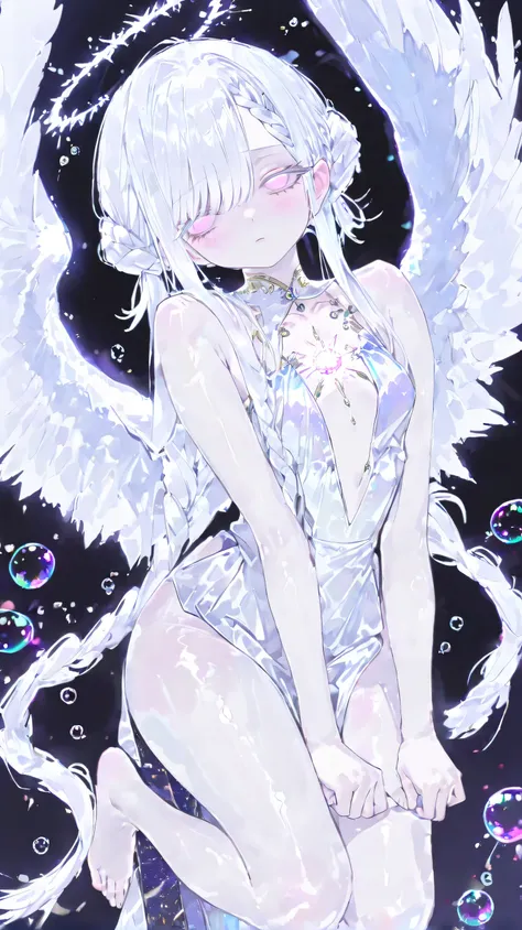 ( masterpiece, best quality:1.3), amazing quality, is very beautiful, abstruse, high resolution, newest, HDR, 8,000, movie lighting, realistic, close up, 1 Girl, Pinkish white halo, angel wings, feather, Gojo Satoru, Curse Return, white eyelash , Light p...