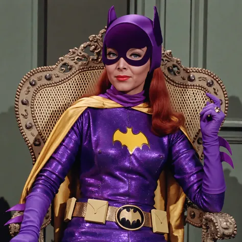 B4tg1rl WOMAN, Yvonne Craig woman, Yvonne Craig as Batgirl, batgirl, 60s Batgirl, retro purple Batgirl costume, big breast, retro red hair, looking at viewer, makeup, purple Batgirl gloves, purple and yellow Batgirl cape, full purple Batgirl cowl, purple B...