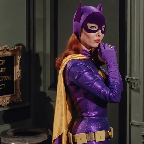 B4tg1rl WOMAN, Yvonne Craig woman, Yvonne Craig as Batgirl, batgirl, 60s Batgirl, retro purple Batgirl costume, backside view, ass view, retro red hair, makeup, purple Batgirl gloves, full purple Batgirl cowl, purple Batgirl mask, purple Batgirl purple glo...