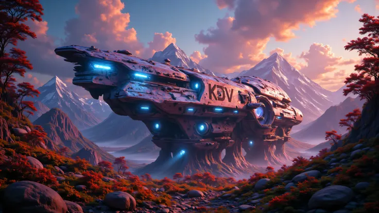 a big futuristic spaceship with imprint 'KDV' parked on an alien planet, realistic, hyper detailed, 8k, photorealistic, cinematic lighting, lush exotic foliage, towering mountains, glowing crystals,dramatic clouds,warm lighting