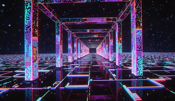 Endless corridors, "a corridors that vanishes into the distance", RGB Color Shift, chromatic aberration, RGB Shift, Video Glitch Photo Effect, Color Noise Texture, Video-like noise processing.
holographic, vhs glitch, rainbow highlights,
Glitch art backg...