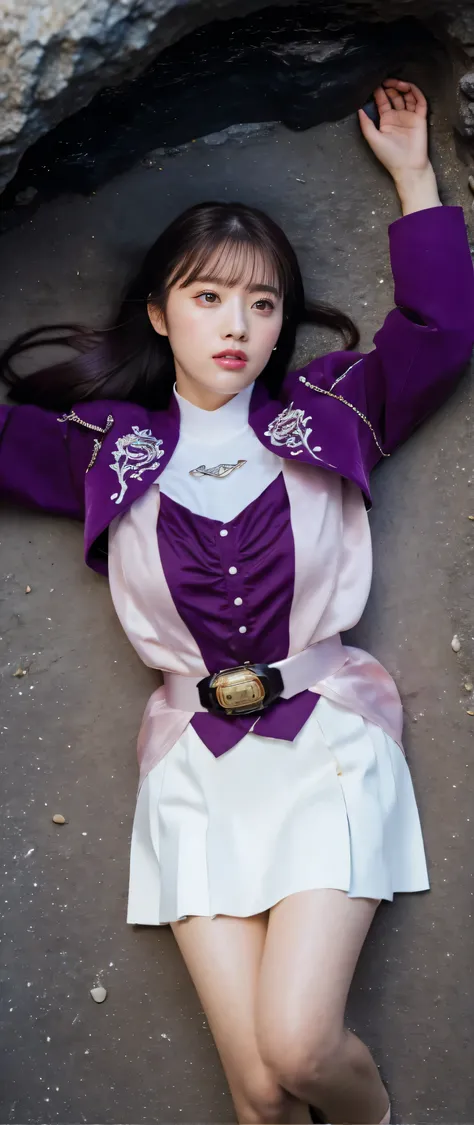 ( 高精細CG),( Best Quality ),((view from directly above)),((Composition showing the top from the knee)),((Inside a dark cave with no lights)),((1girl)), completely complete, shiny skin ,wide hips , thin waist, purple bolero jacket,((white skirt)),long sleeve ...