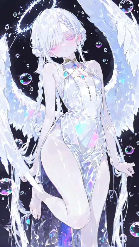 ( masterpiece, best quality:1.3), amazing quality, is very beautiful, abstruse, high resolution, newest, HDR, 8,000, movie lighting, realistic, close up, 1 Girl, Pinkish white halo, angel wings, feather, Gojo Satoru, Curse Return, Colored eyelashes, Ligh...