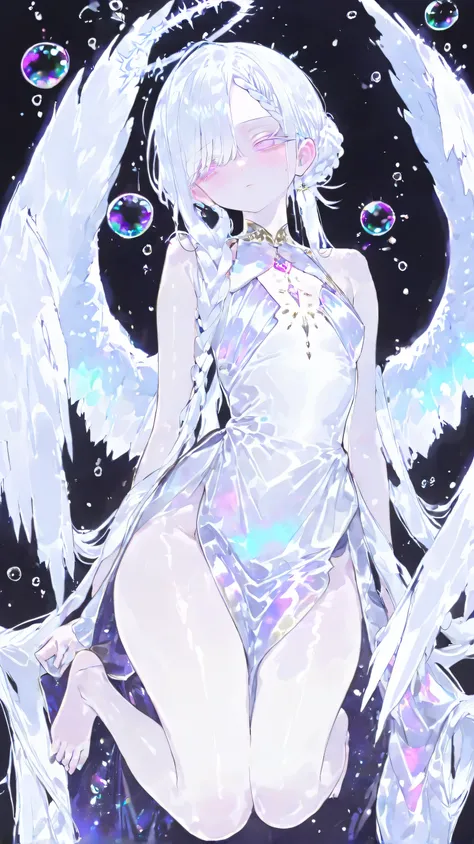 ( masterpiece, best quality:1.3), amazing quality, is very beautiful, abstruse, high resolution, newest, HDR, 8,000, movie lighting, realistic, close up, 1 Girl, Pinkish white halo, angel wings, feather, Gojo Satoru, Curse Return, Colored eyelashes, Ligh...