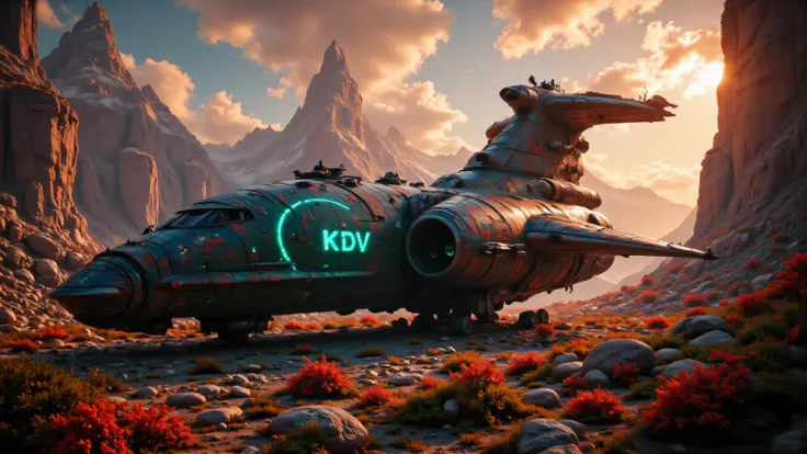 a big futuristic spaceship with arme green imprint 'KDV' parked on an alien planet, realistic, hyper detailed, 8k, photorealistic, cinematic lighting, lush exotic foliage, towering mountains, glowing crystals,dramatic clouds,warm lighting