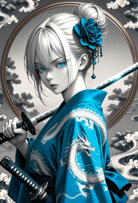 1girl, female samurai,Colored eyelashes, blue eyes, side view,Holding a katana, dynamic pose,Water dragon background,(intricate detailed background),upper body, looking at viewer, short hair,hair between eyes, tsurime,Hair in a bun , single Bun, hair fulle...