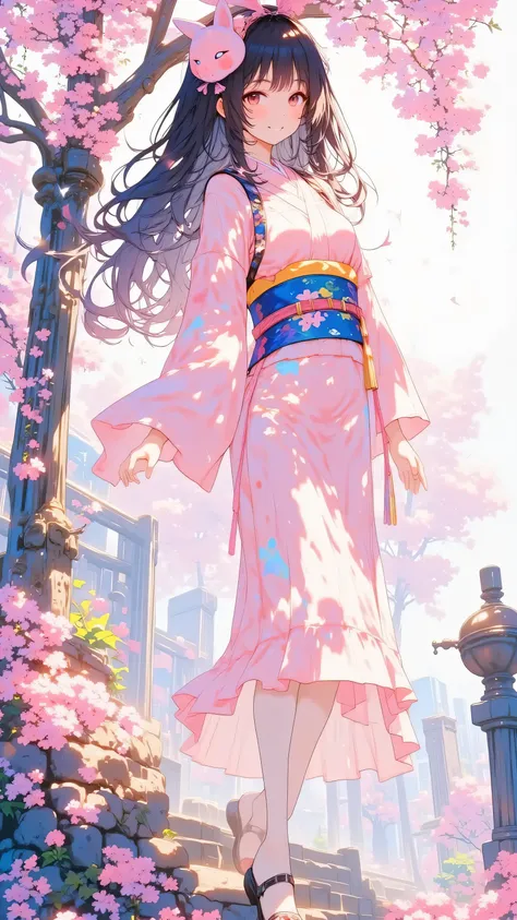 (masterpiece), best quality, 8k, cinematic lighting, 1 girl, long black hair, cherry blossoms, flowing pink kimono, standing on stone path, gentle wind, fox mask on side of head, warm expression, traditional Japanese background, looking at viewer, solo, el...