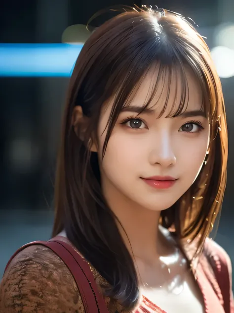 (masterpiece), highly realistic, beautiful atmosphere, intricate textures, super-resolution, hyper-realistic, high contrast, (left side of the face), Portrait of a cute girl, looking at viewer, small Face, upper body, (Glowing Eyes), Glossy lips, rouge lip...