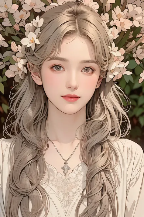 (delicate oil painting of a beautiful woman), rough touch, (small smile with a calm, gentle and bright expression), ((silver grey brown almost straight medium long hair!!)), ((close up)), shiny skin, glossy lips, ((casual pastel winter outfit)), (winter kn...
